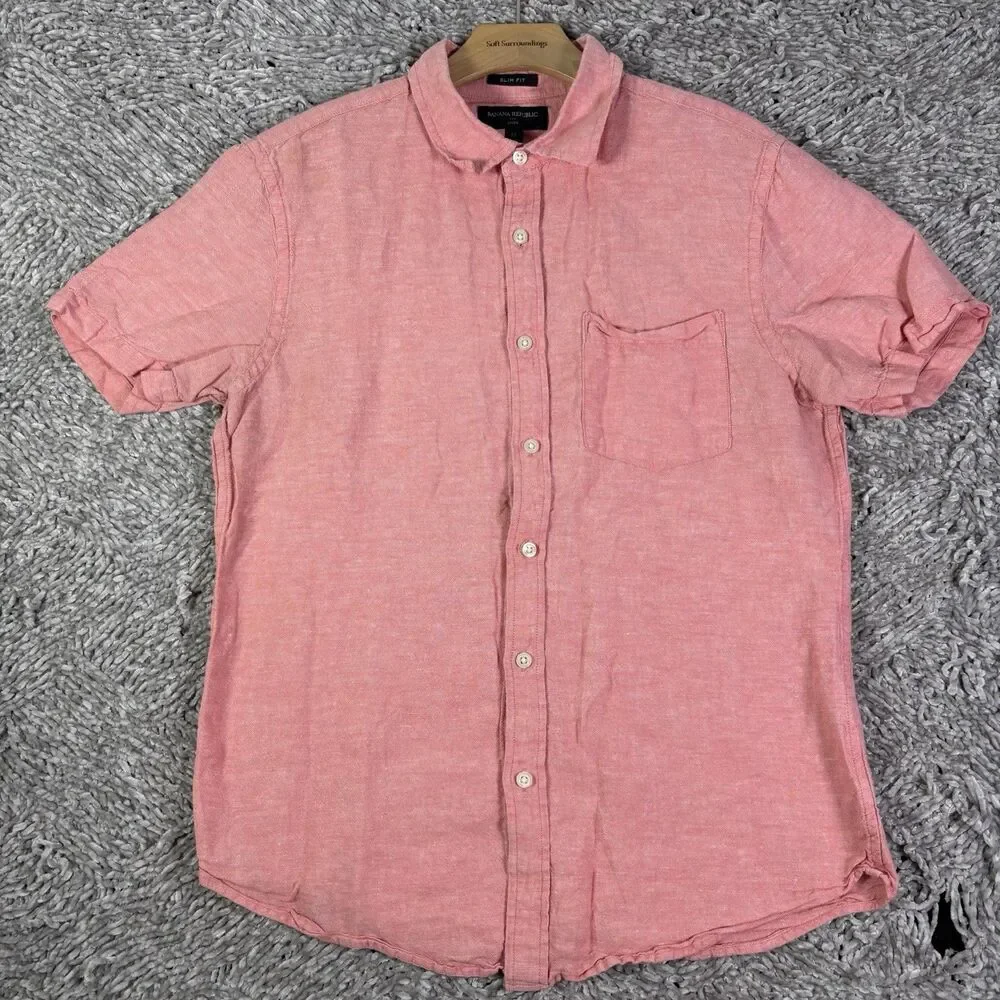 Banana Republic Linen Shirt Mens Medium Slim Fit Pink Short Sleeve Beach Summer